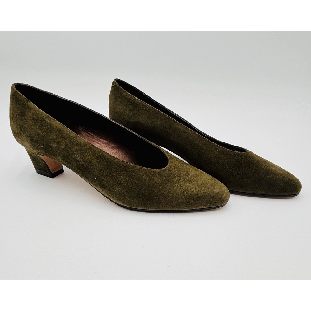 Vintage VANELI Olive Green Suede Pumps 8M Italy Low Block Heel NWOB